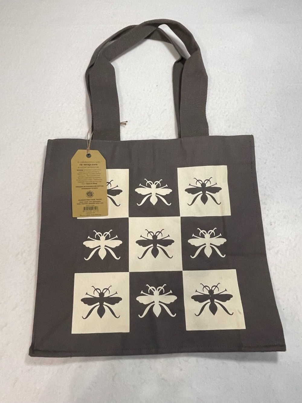 NWT Barnes & Noble Paper Source Bee Print Tote Bag Gray Large Organic Canvas